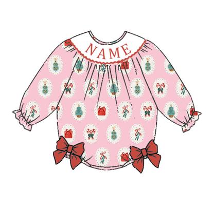 Girls Christmas Gift Smocked Embroidery Custom Name Dress & Romper