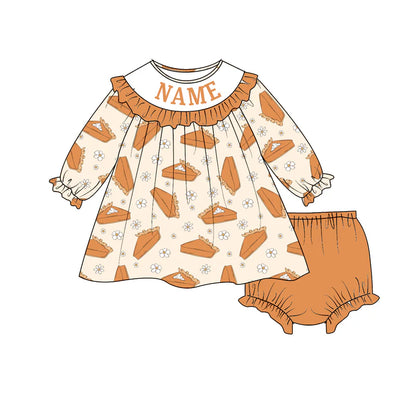 Girls Fall Thanksgiving Cake Smocked Embroidery Custom Name Dress & Baby Set
