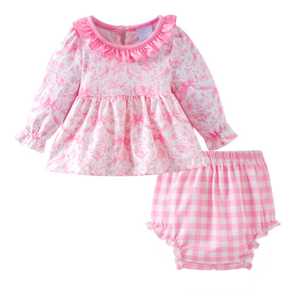 Spring Pink Plaid Floral Baby Romper Set
