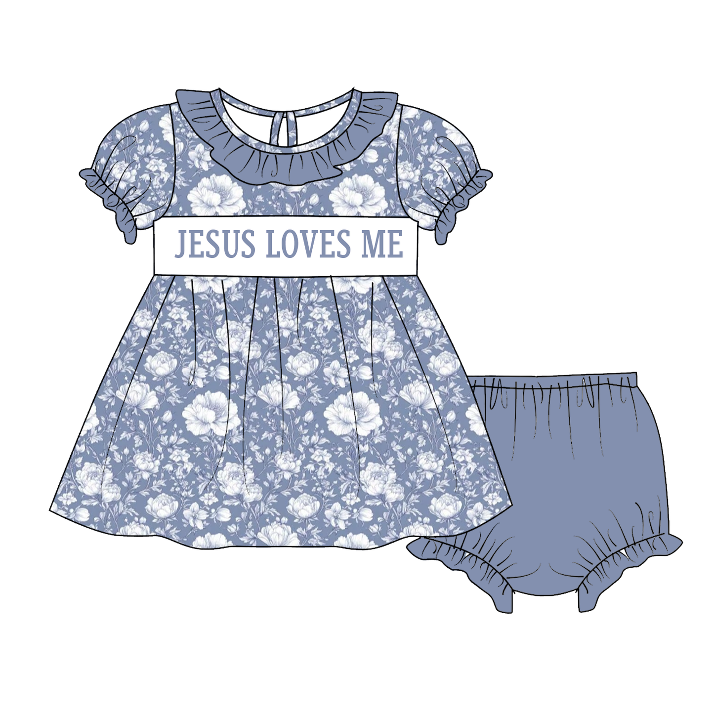 Sibling Kids Fall Blue Floral JESUS LOVES ME Smocked Embroidery Outfits