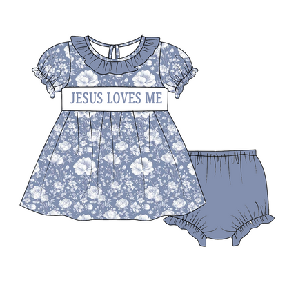 Sibling Kids Fall Blue Floral JESUS LOVES ME Smocked Embroidery Outfits