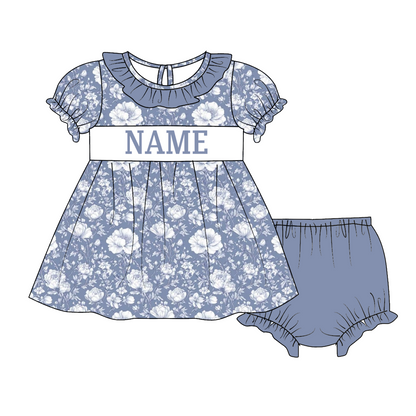 Kids Fall Custom Name Embroidery Blue Floral Sibling Clothes
