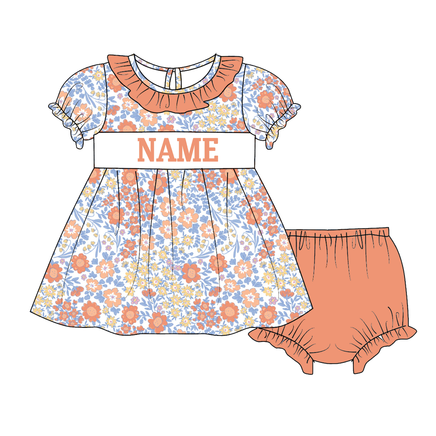 Kids Fall Custom Name Embroidery Floral Blue Stripes Sibling Clothes