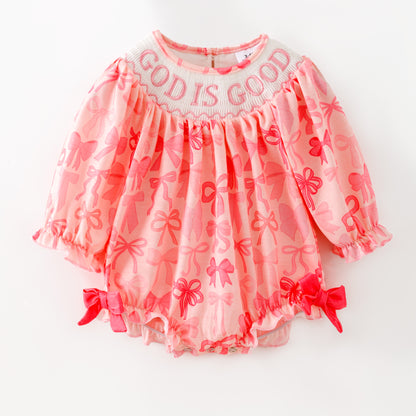 Girls Fall God Is Good Embroidery Smock Pink Bow Dress & Bubble