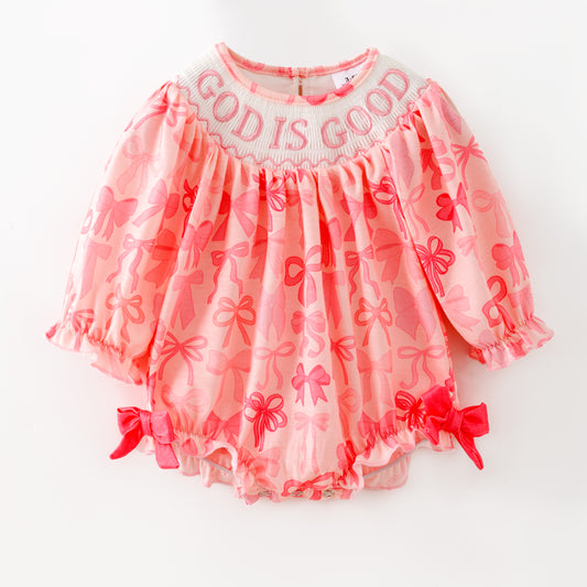 Girls Fall God Is Good Embroidery Smock Pink Bow Dress & Bubble