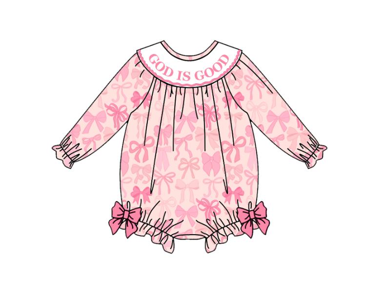 Girls Fall God Is Good Embroidery Smock Pink Bow Dress & Bubble