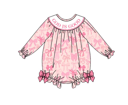 Girls Fall God Is Good Embroidery Smock Pink Bow Dress & Bubble