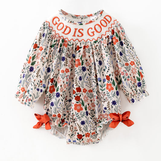 Girls Fall God Is Good Embroidery Smock Floral Dress & Bubble