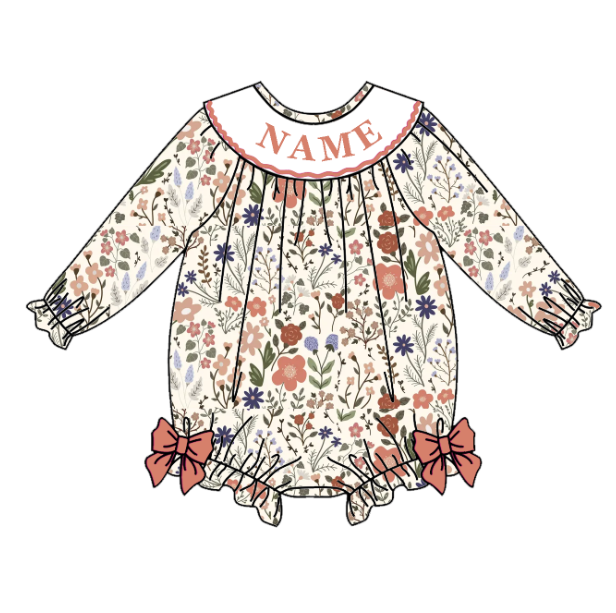 Girls Fall Custom Name Embroidery Smock Floral Dress & Bubble