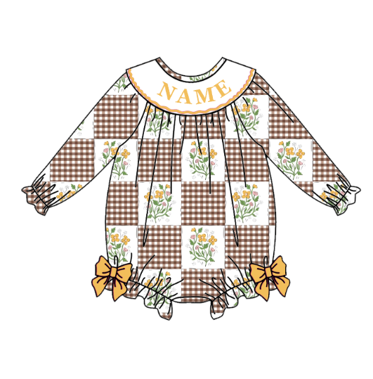 Baby Girls Fall Floral Plaid Smock Embroidery Custom Name Romper