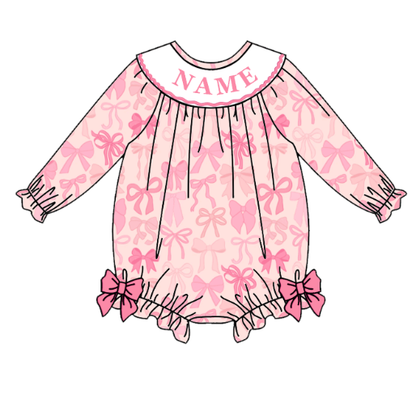 Girls Fall Custom Name Embroidery Smock Pink Bow Dress & Bubble