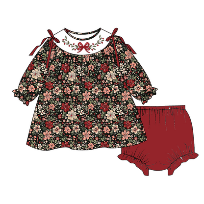 Fall Brown Bow Floral Smocked Embroidery Outfit Collection