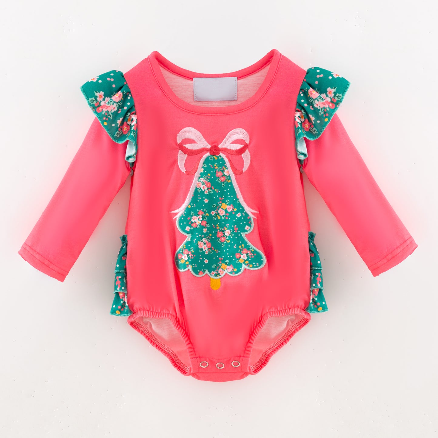 Baby Girls Christmas Tree Print Ruffled Long Sleeves Romper