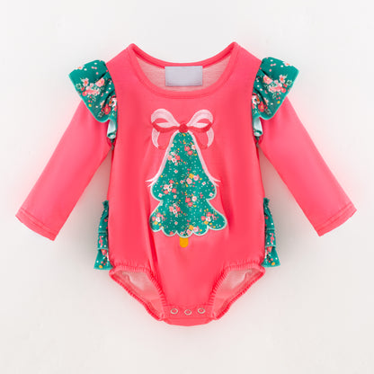 Baby Girls Christmas Tree Print Ruffled Long Sleeves Romper