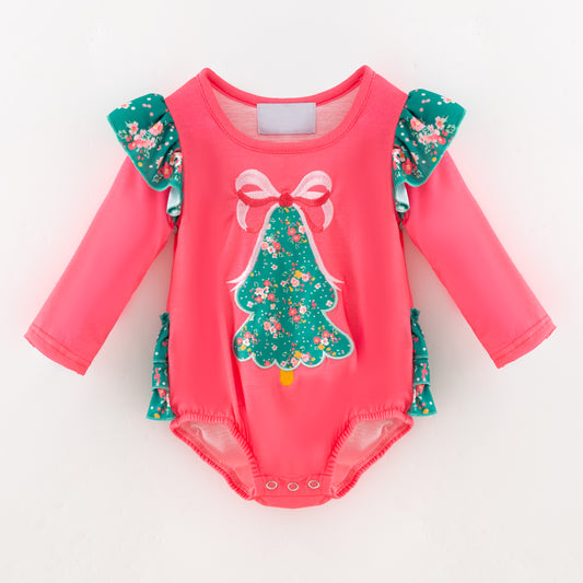 Baby Girls Christmas Tree Print Ruffled Long Sleeves Romper