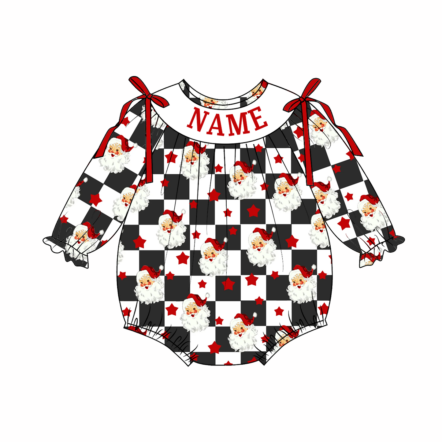 Christmas Custom Name Santa Plaid Smock Embroidery Sibling Outfits