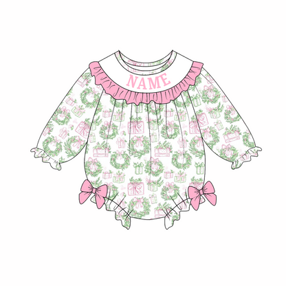 Baby Girls Christmas Custom Name Floral Embroidery Smock Outfits