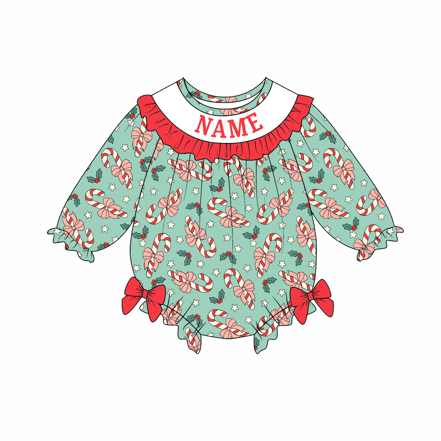 Baby Girls Christmas Custom Name Candy Cane Embroidery Smock Outfits