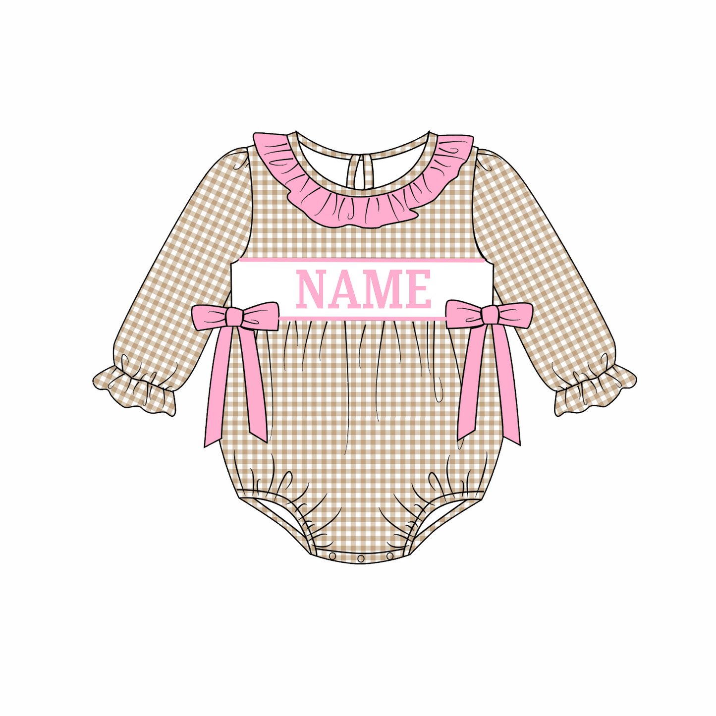Kids Christmas CUSTOM NAME Embroidery Beige Plaid Sibling Clothes