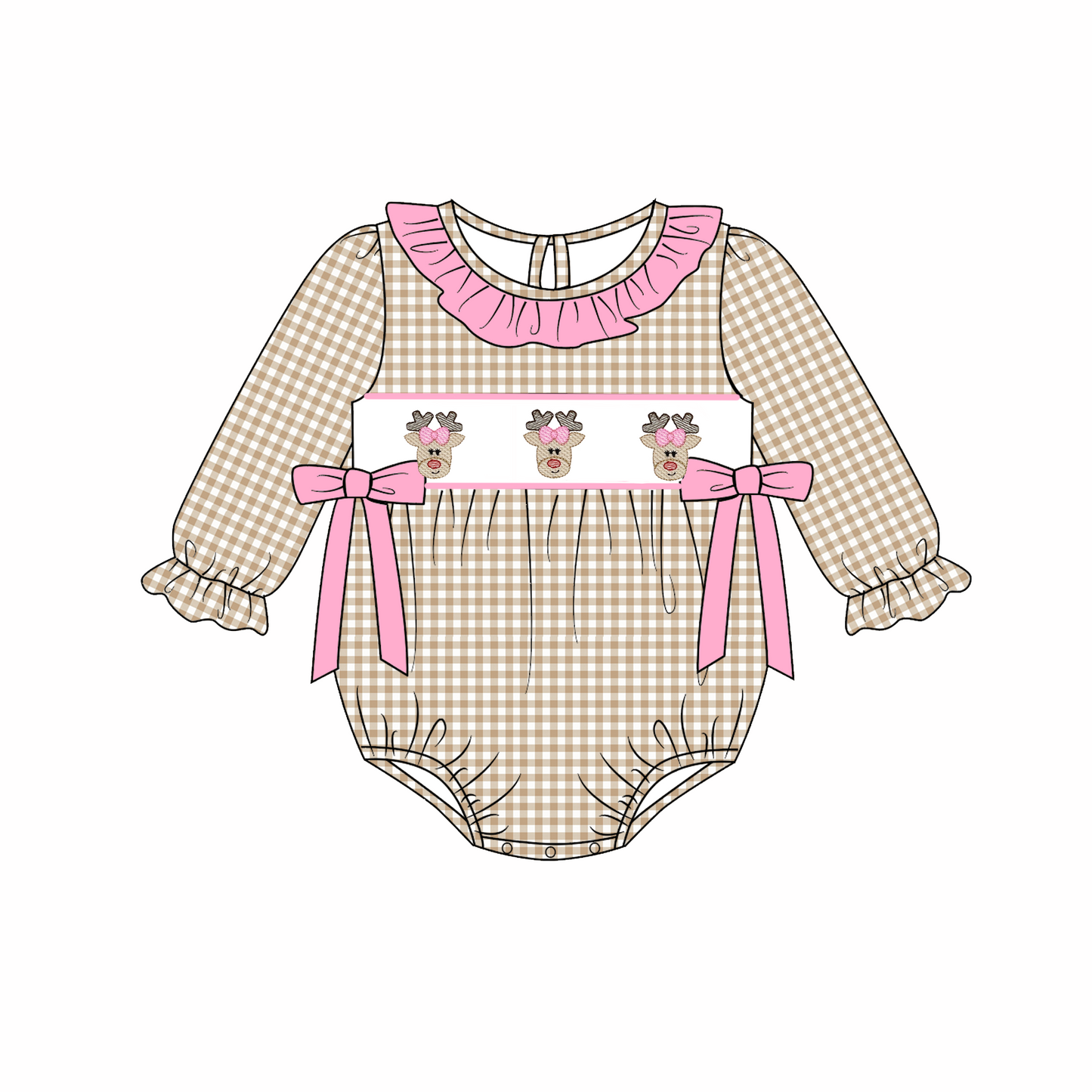 Christmas Reindeer Santa Embroidery Smock Plaid Dress Romper Collection