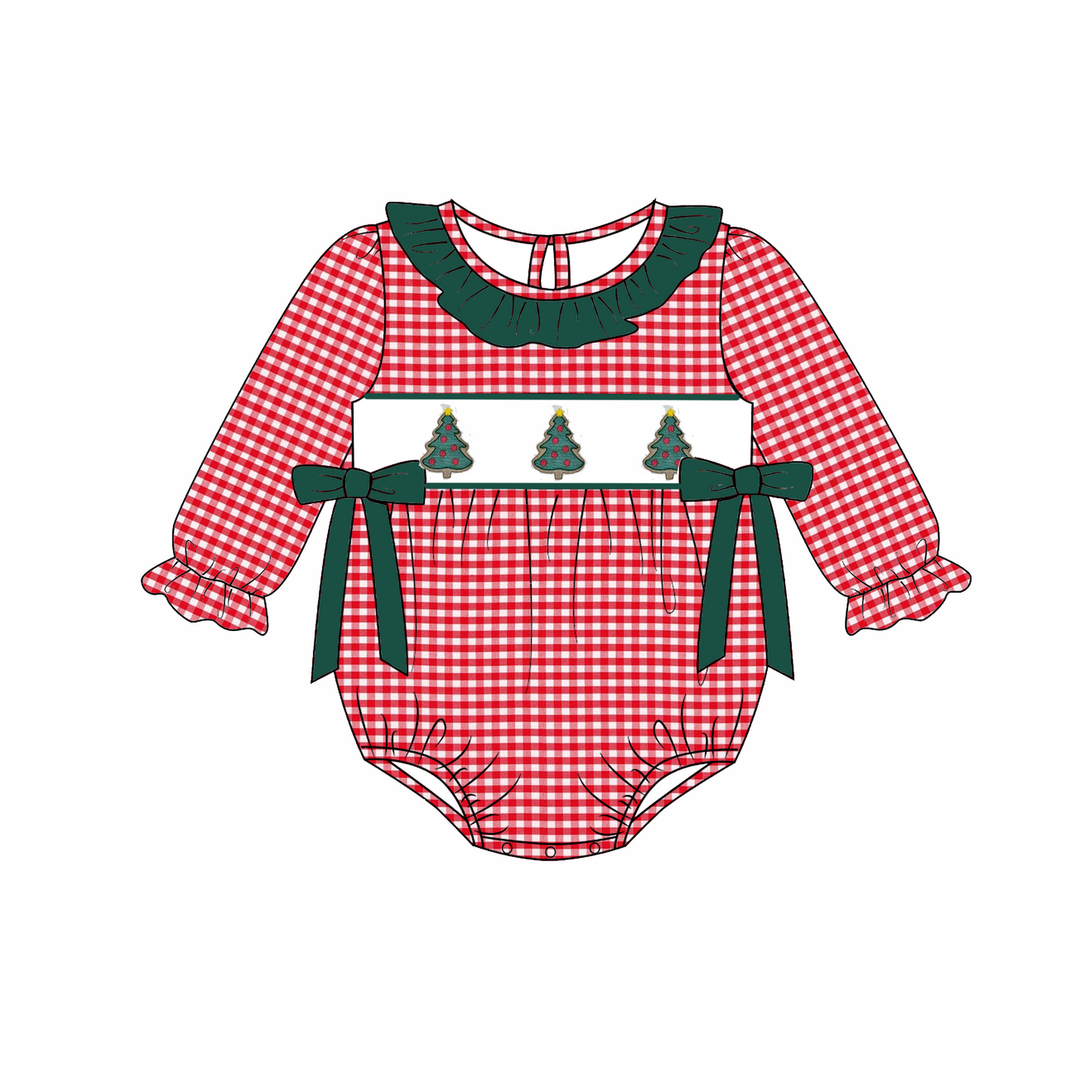 Christmas Smocked Collection – Red Gingham with Christmas Tree Embroidery