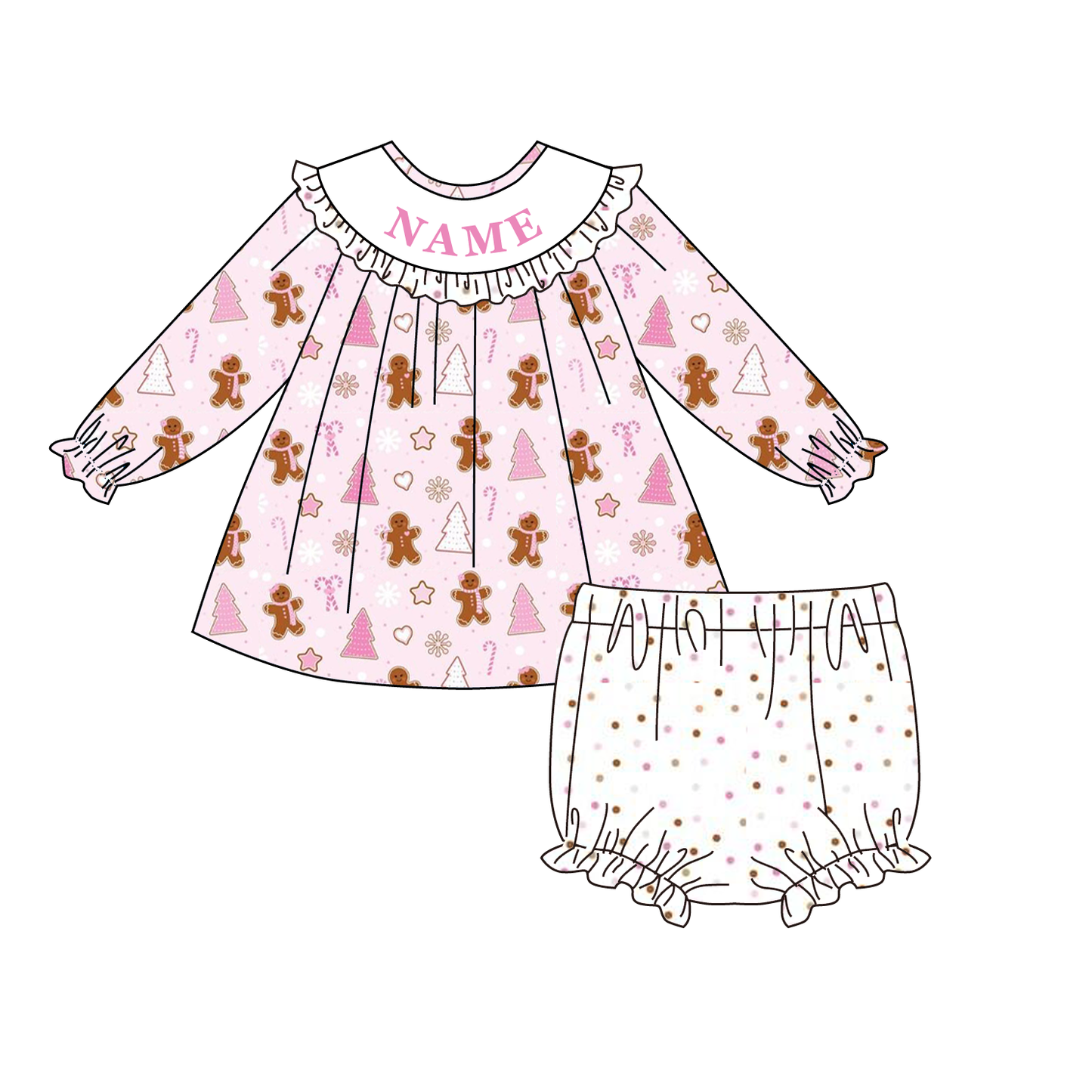 Christmas Smocked Embroidery Custom Name Gingerbread Outfit Collection