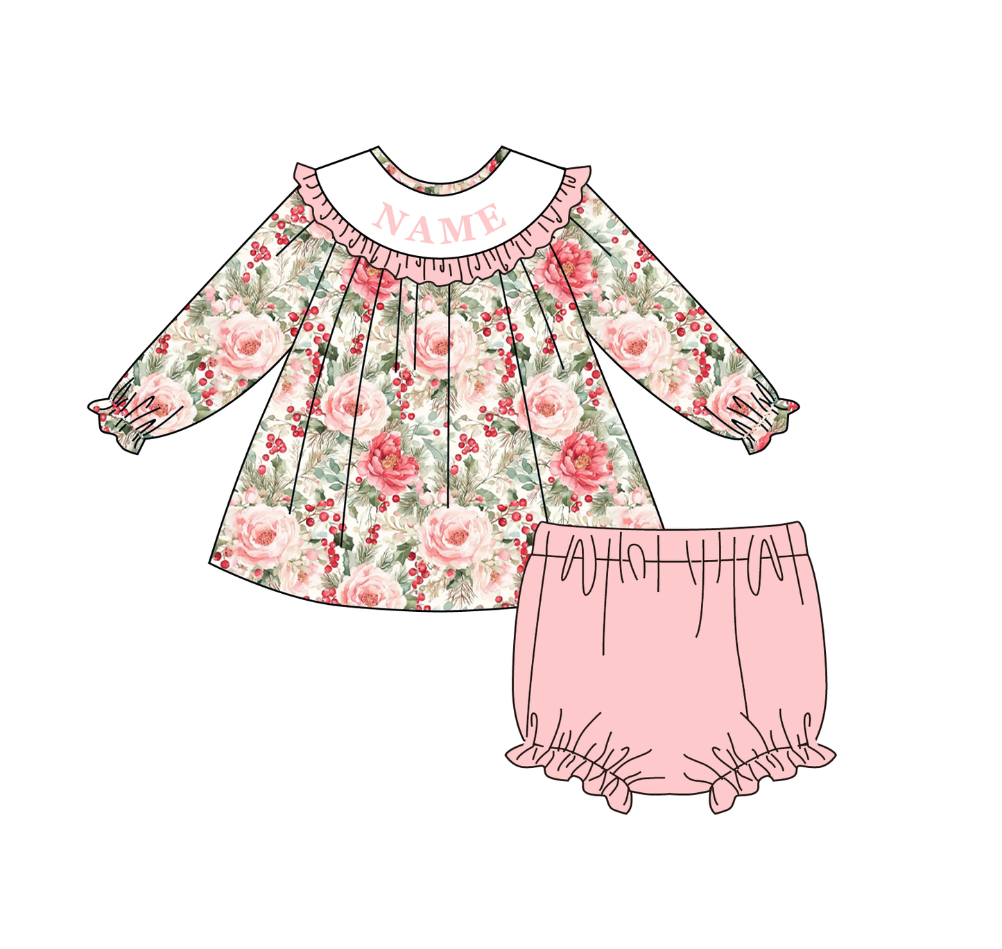 Fall Winter Floral Print Smocked Embroidery Personalized Name Outfit Collection