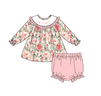 Fall Winter Floral Print Smocked Embroidery Personalized Name Outfit Collection