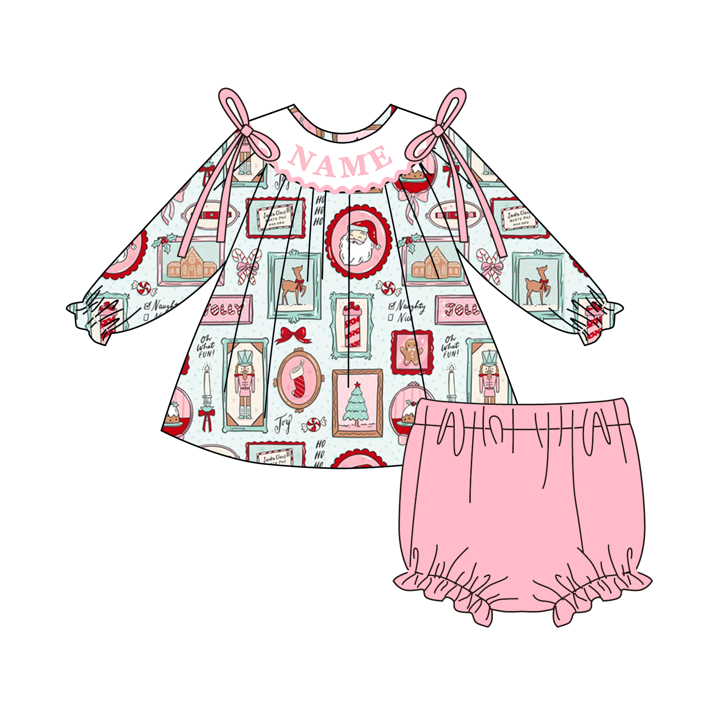 Christmas Smocked Embroidery Custom Name Santa Reindeer Outfit Collection