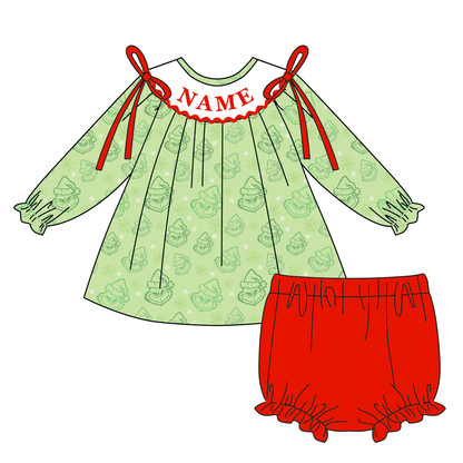 Christmas Smocked Embroidery Custom Name Grinch Outfit Collection