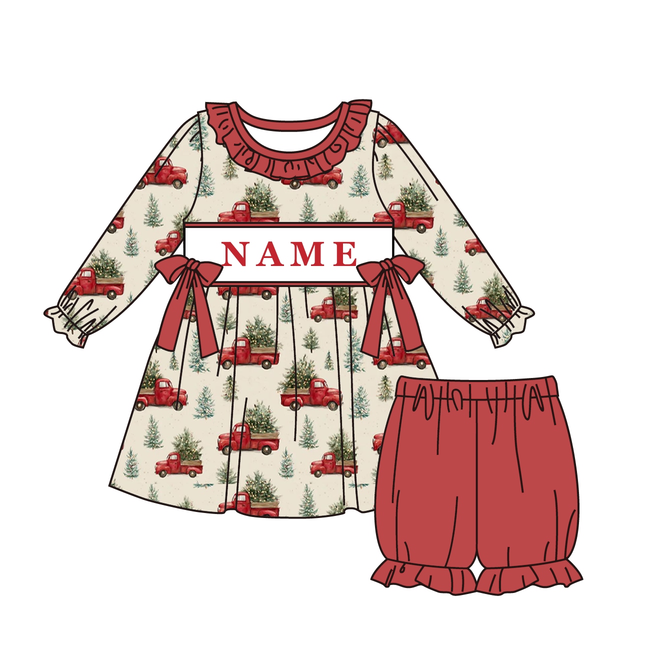 Christmas Tree Smocked Embroidery Custom Name Outfit Collection