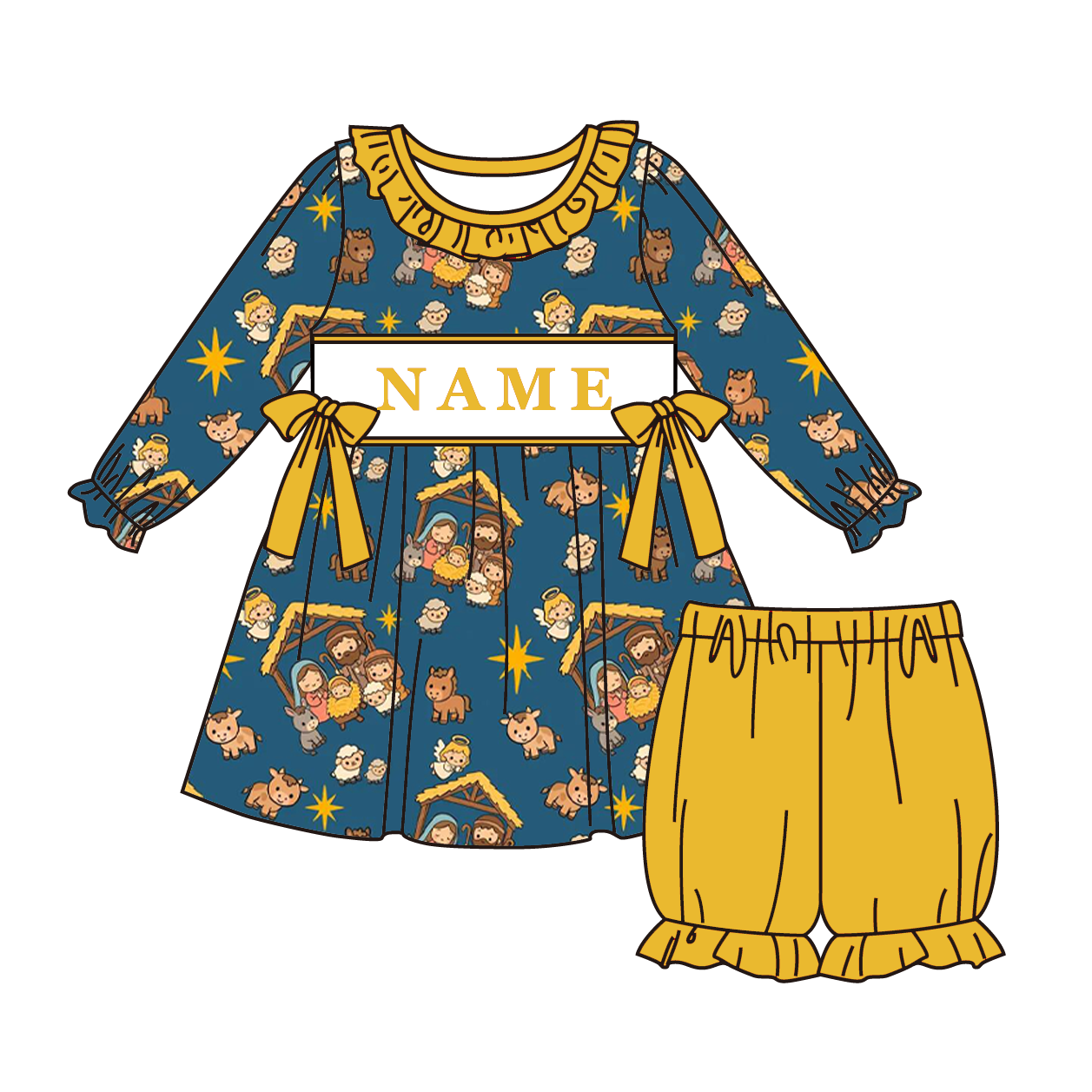 Christmas Nativity Smocked Outfit – Custom Name Embroidery