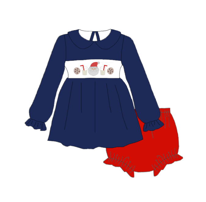 Kids Christmas Navy Red Santa Embroidered Smocked Outfits Collection