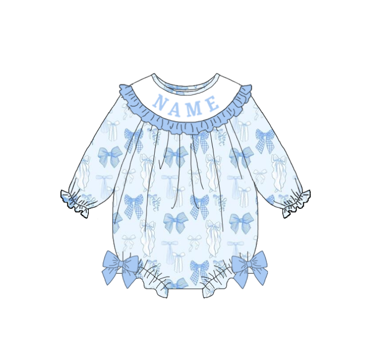 Summer Blue Bow Custom Name Embroidery Smock Outfits