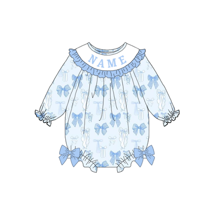 Summer Blue Bow Custom Name Embroidery Smock Outfits