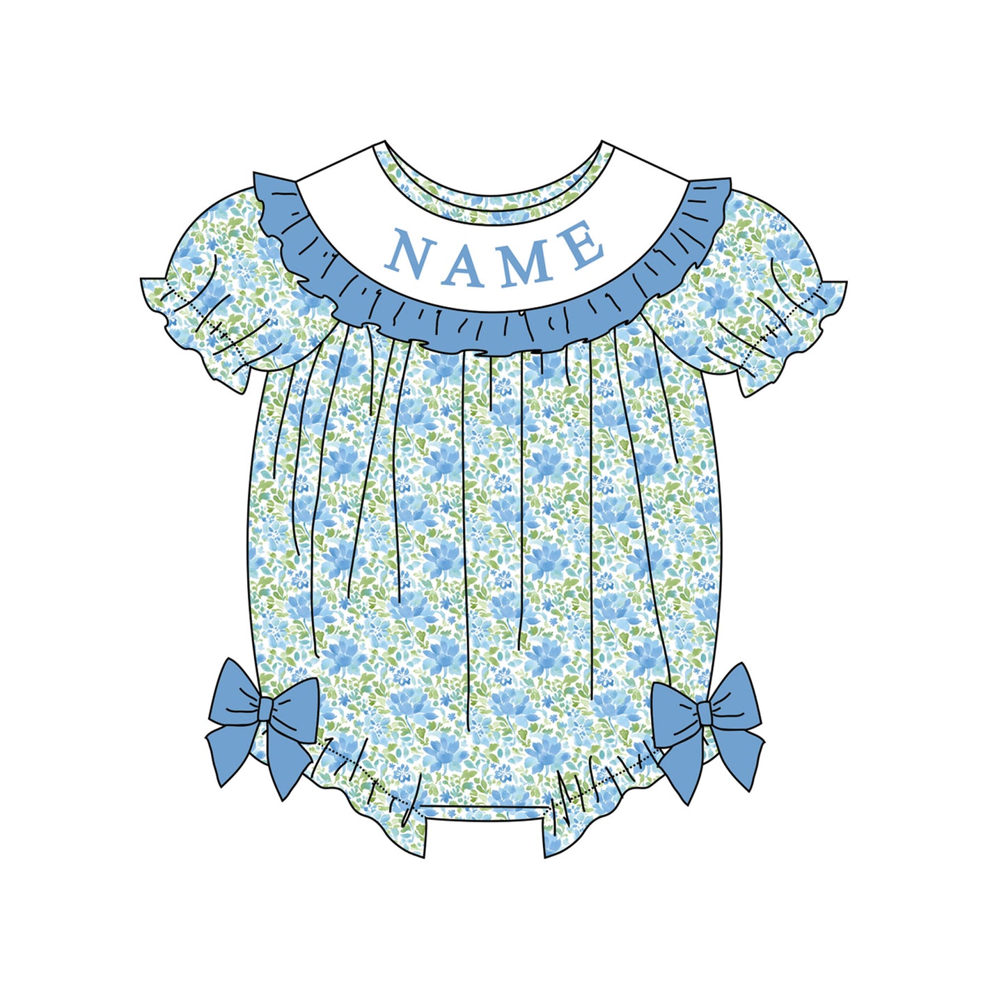 Girl Custom Name Smocked Embroidered Blue Floral Collection