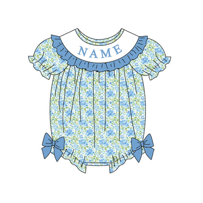Girl Custom Name Smocked Embroidered Blue Floral Collection