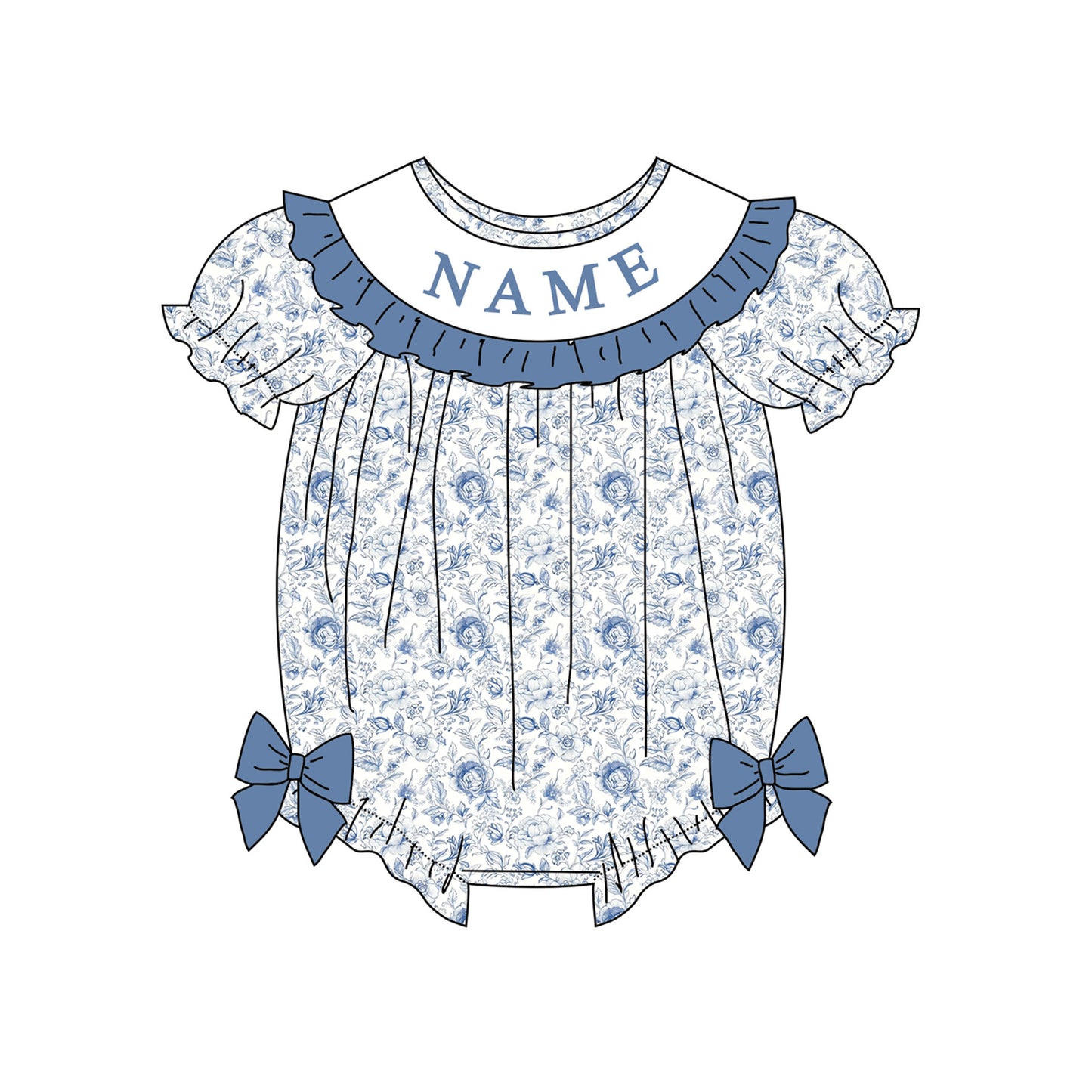 Girl Custom Name Smocked Embroidered Blue Floral Collection