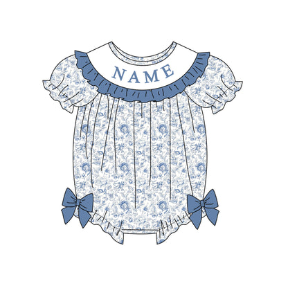 Girl Custom Name Smocked Embroidered Blue Floral Collection