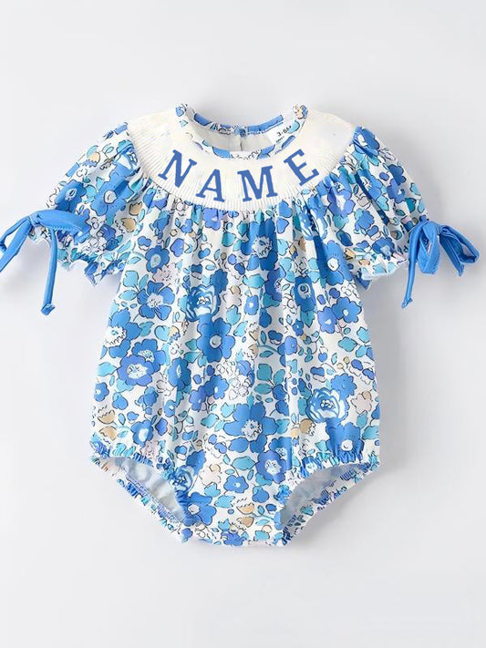 Baby Girls Spring Blue Floral Smock Embroidery Custom Name Romper