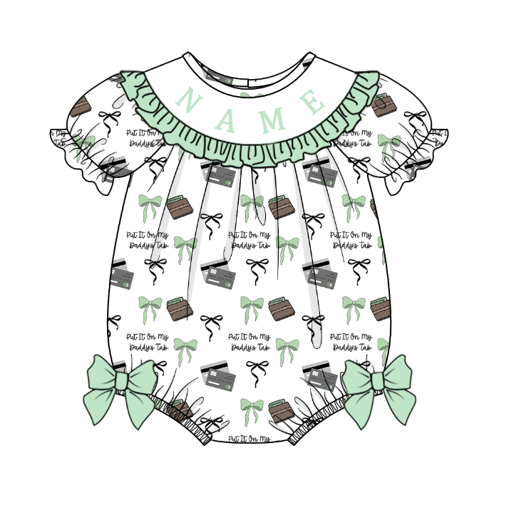 Kids Summer Greem Bow Tab Smocked Custom Name Holiday Outfits