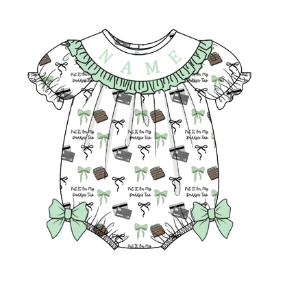 Kids Summer Greem Bow Tab Smocked Custom Name Holiday Outfits