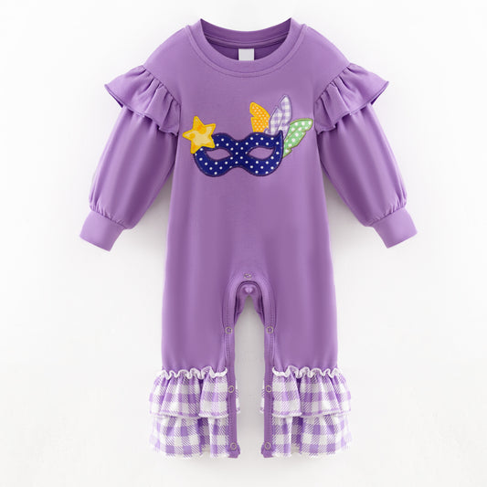 Baby Girls 2026 Mardi Gras Embroidery Purple Cotton Romper