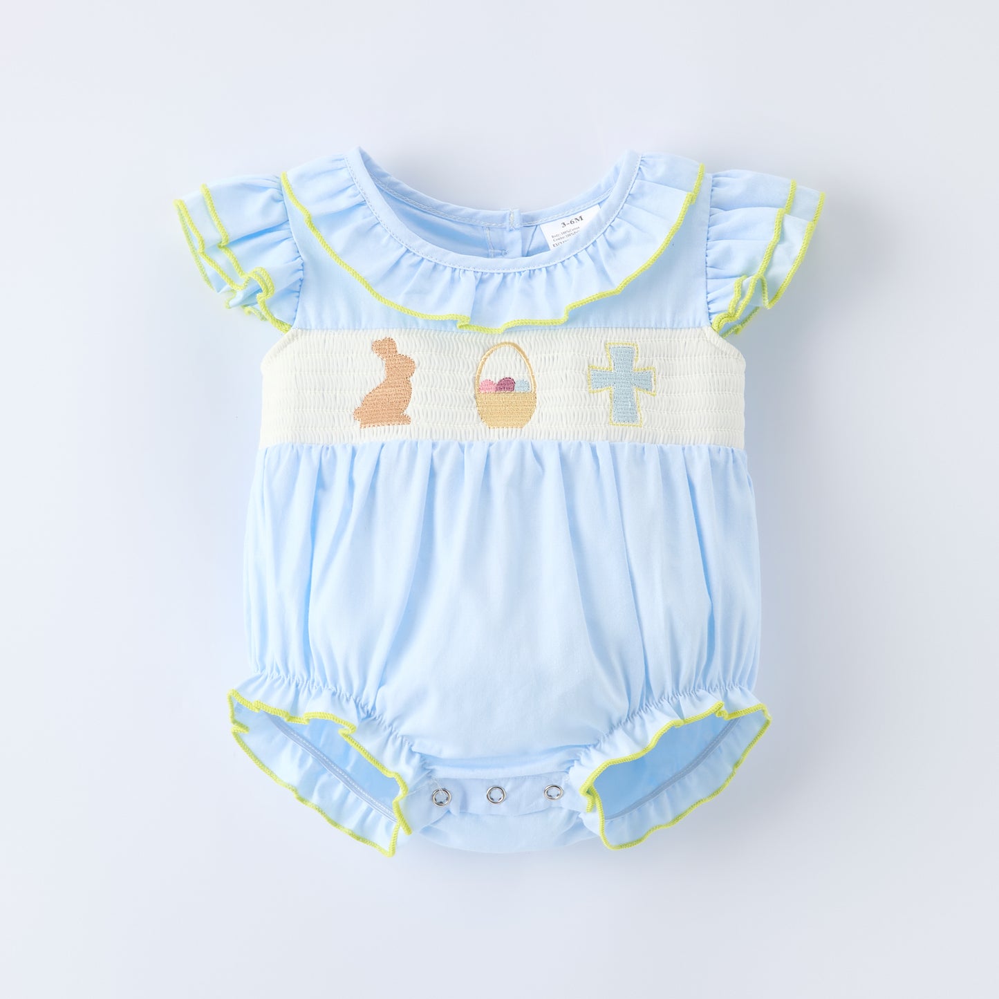 Girls Easter Bunny Eggs Cross Embroidery Smocked Blue Bubble Romper
