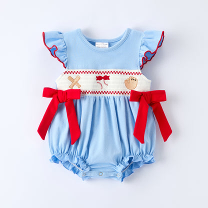 Girls Baby Summer Baseball Smocked Embroidery Blue Romper
