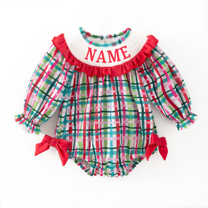 Christmas Custom Name Red Green Plaid Embroidery Smocked Romper