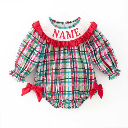 Christmas Custom Name Red Green Plaid Embroidery Smocked Romper