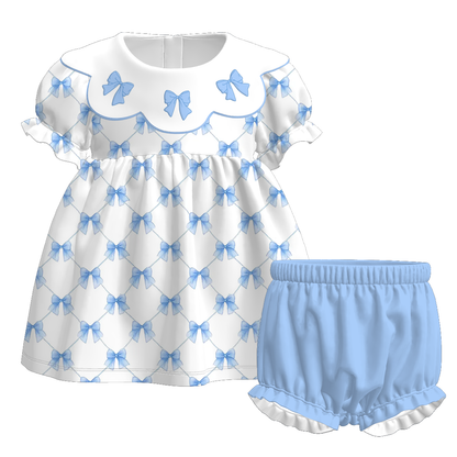 Kids Spring Summer Blue Bow Smock Embroidery Collection