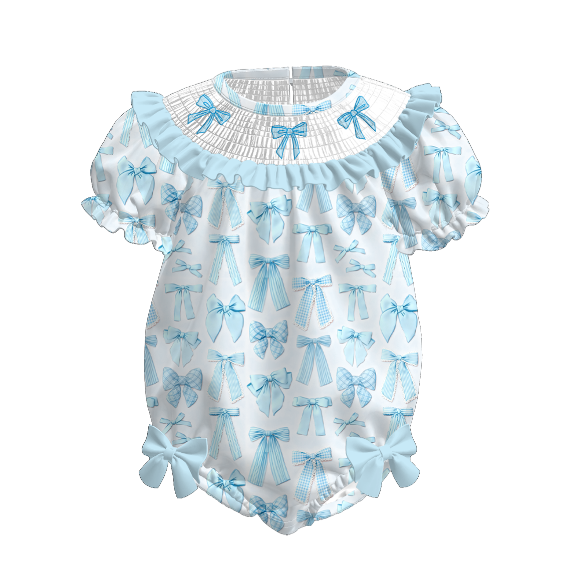 2026 Spring Summer Blue Bow Smock Embroidery Kids Outfits Collection