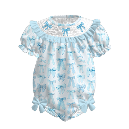 2026 Spring Summer Blue Bow Smock Embroidery Kids Outfits Collection